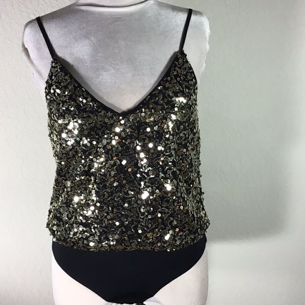 H:ours Bodysuit GoldSequins Revolve New Adjustable Straps Deep V Neck Size S